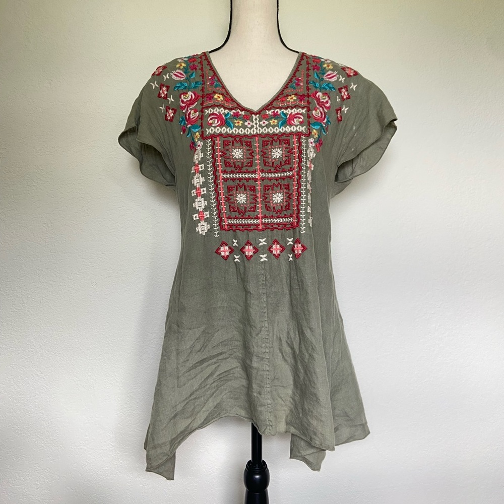Johnny Was Green Embroidered Top XS